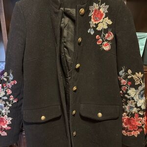 ZARA Trafaluc Black Velvet Embroidered Military Jacket Floral Gold Button XS
